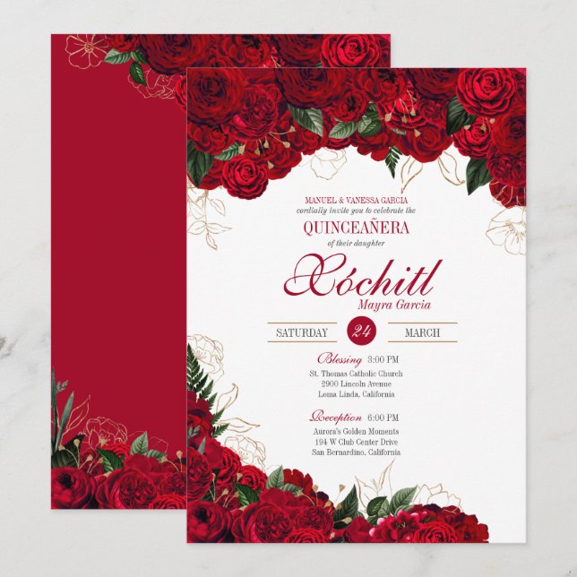 Invitación Elegante Quinceanera - Floral de Rosas rojos y dor (Anverso / Reverso)
