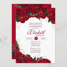 Invitación Elegante Quinceanera - Floral de Rosas rojos y dor
