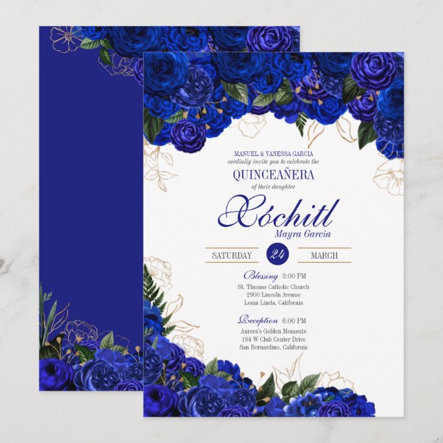 Invitación Elegante Quinceanera - Floral de Rosas Royal Blue  (Anverso / Reverso)