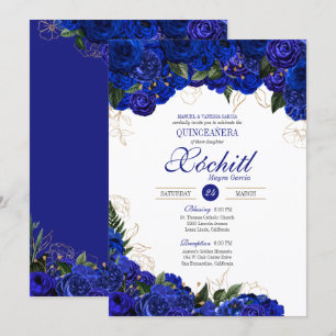 Invitación Elegante Quinceanera - Floral de Rosas Royal Blue 