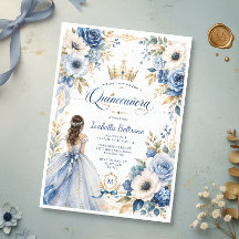 Elegante Quinceañera Floral Princesa Azul Dorado