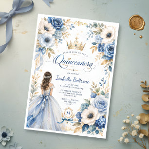 Invitación Elegante Quinceañera Floral Princesa Azul Dorado