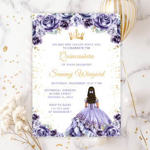 Invitación Elegante Quinceañera Floral Princesa Morado Polvor