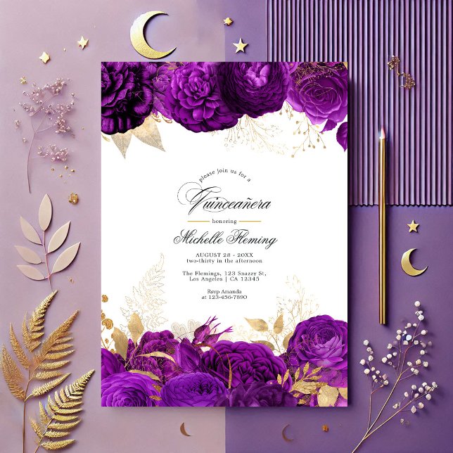Invitación Elegante Quinceañera floral Purple y Gold (Elegant Purple and Gold Floral Quinceañera Invitation)