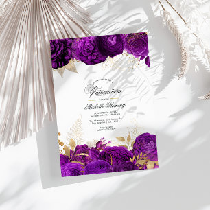 Invitación Elegante Quinceañera Floral Púrpura y Dorado