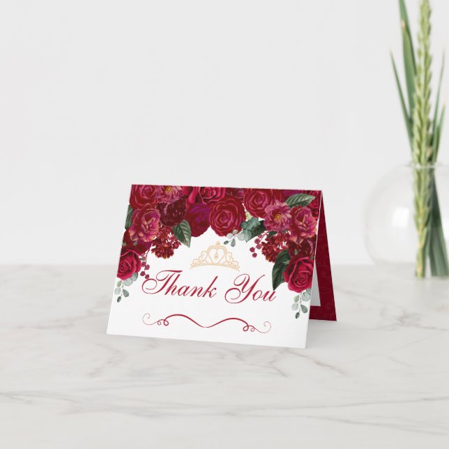 Invitación Elegante Quinceanera floral roja Gracias (Anverso)