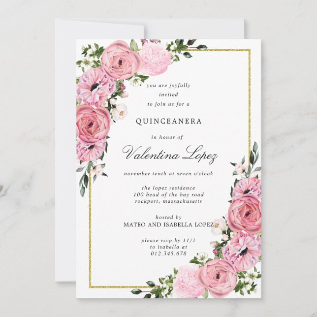 Invitación Elegante Quinceanera floral rosa (Anverso)
