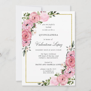 Invitación Elegante Quinceanera floral rosa