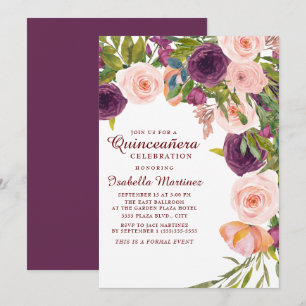 Invitación Elegante Quinceañera Floral Rosa Borgoña