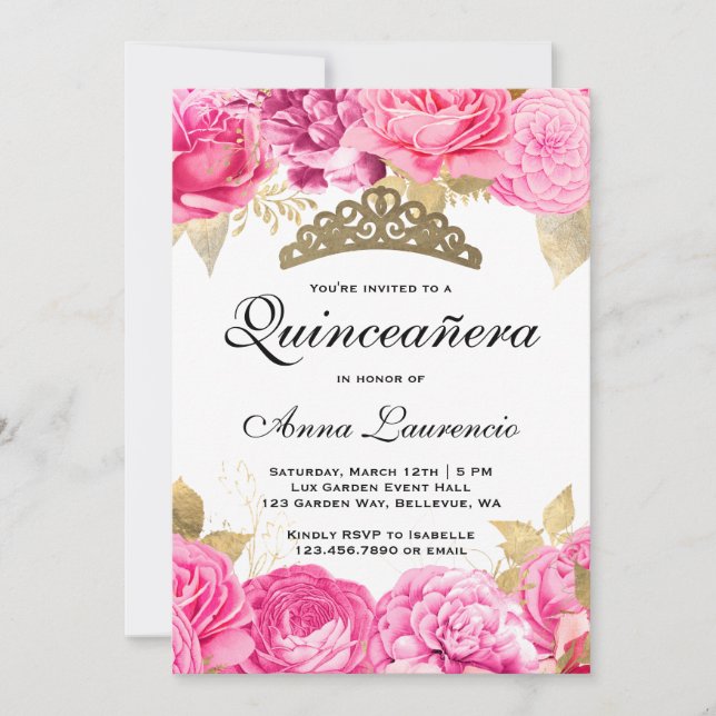 Invitación Elegante Quinceanera floral rosa caliente (Anverso)