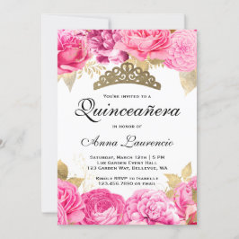 Invitación Elegante Quinceanera floral rosa caliente