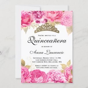 Invitación Elegante Quinceanera floral rosa caliente