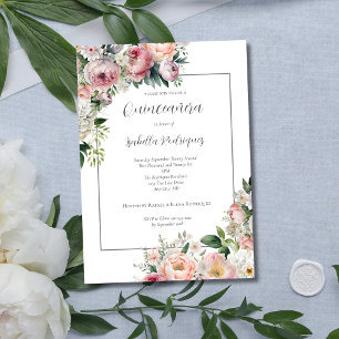 Invitación Elegante Quinceañera Floral Rosa con Borde de Plat