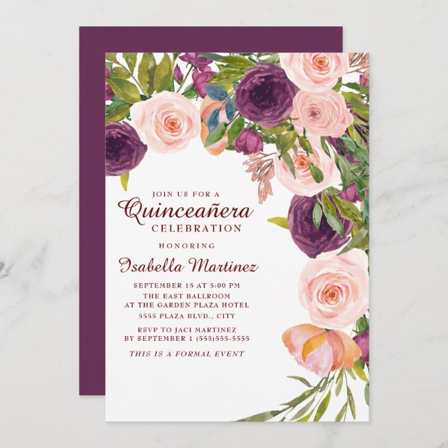 Invitación Elegante Quinceañera floral rosa de Borgoña (Anverso / Reverso)