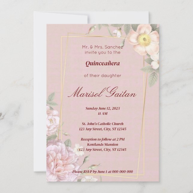 Invitación Elegante Quinceañera floral rosa/Invitación a la b (Anverso)