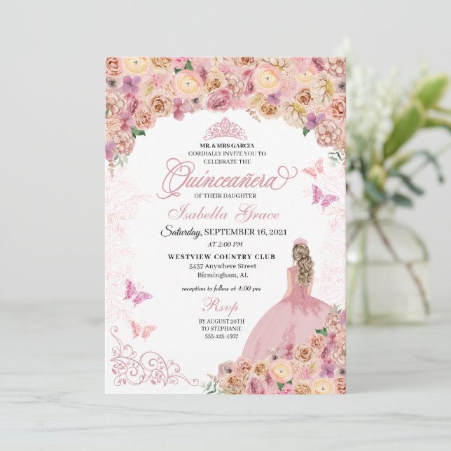Invitación Elegante Quinceanera floral rosa Rubor (Anverso de pie)