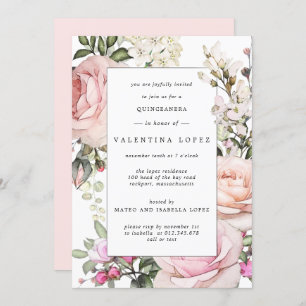 Invitación Elegante Quinceanera floral rosa Rubor