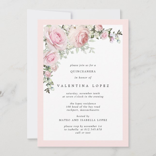 Invitación Elegante Quinceanera floral rosa Rubor (Anverso)