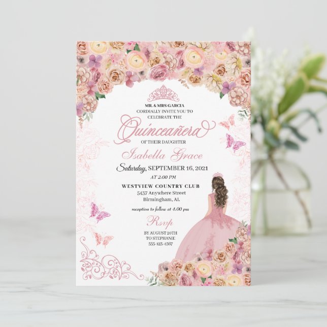Invitación Elegante Quinceanera floral rosa Rubor (Anverso de pie)