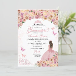Invitación Elegante Quinceanera floral rosa Rubor