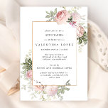 Invitación Elegante Quinceanera floral rosa Rubor<br><div class="desc">Hermosa y elegante Invitación Quinceanera. Las rosas rosadas de Rubor están enclavadas en flores de hortensias blancas y en la vegetación. Bonito y bordes florales femeninos decoran un marco dorado de moda. El texto es una combinación de fuentes verticales y cursivas. Fácil de personalizar. La parte trasera de la invitación...</div>