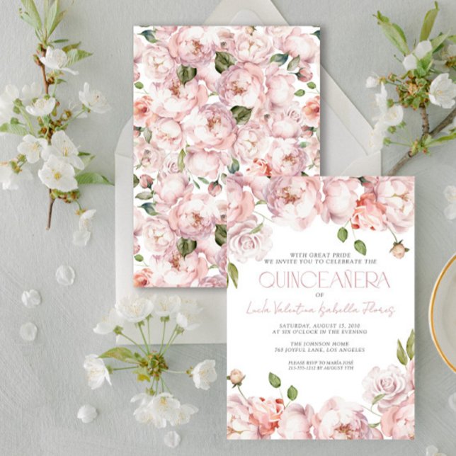 Invitación Elegante Quinceanera floral rosa Rubor (Subido por el creador)