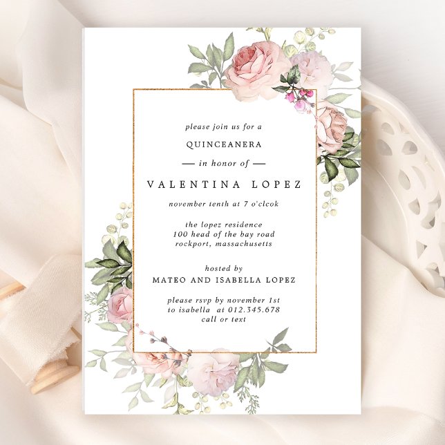 Invitación Elegante Quinceanera floral rosa Rubor (Subido por el creador)