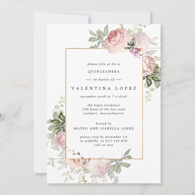 Invitación Elegante Quinceanera floral rosa Rubor (Anverso)