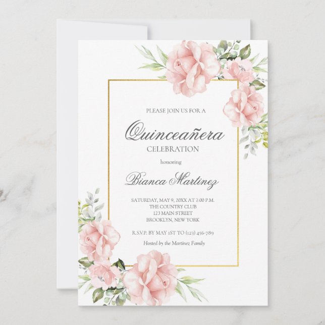 Invitación Elegante Quinceanera floral rosa Rubor (Anverso)