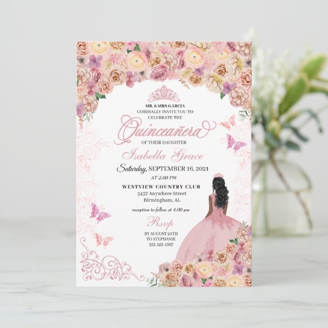 Invitación Elegante Quinceanera floral rosa Rubor (Anverso de pie)
