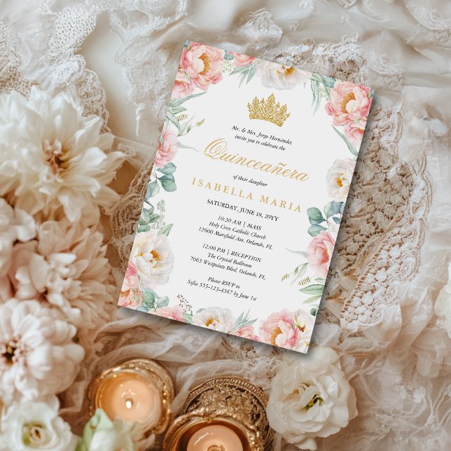 Invitación Elegante Quinceañera floral rosa y dorada (The Blush Blossom Quince collection features soft rosy pink florals and gold script)