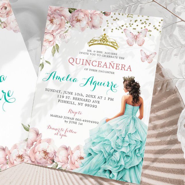 Invitación Elegante Quinceañera floral rosa y Verde azulada d (Subido por el creador)