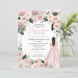 Invitación Elegante Quinceanera floral Rubor rosa y plateado