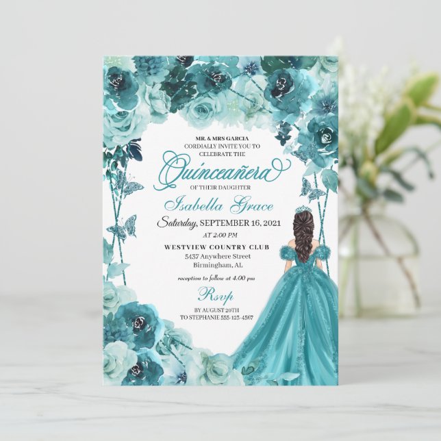 Invitación Elegante Quinceanera floral Verde azulada (Anverso de pie)