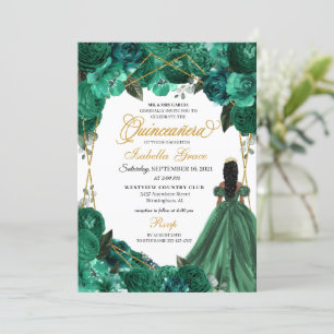 Invitación Elegante Quinceanera floral verde esmeralda
