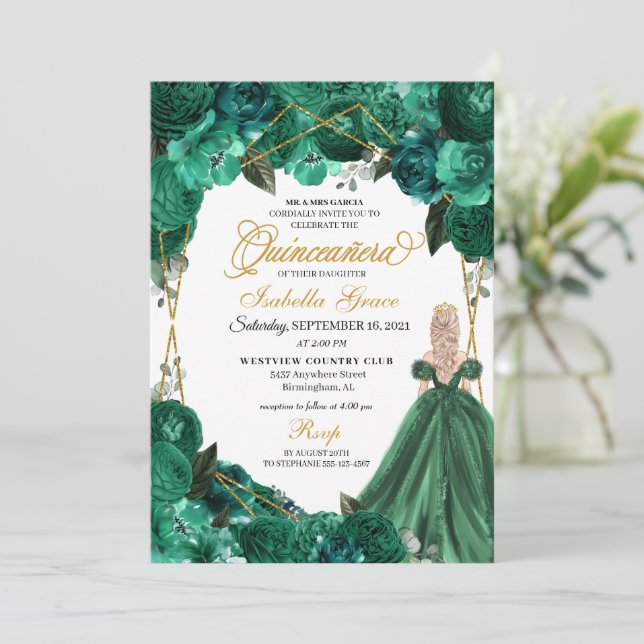 Invitación Elegante Quinceanera floral verde esmeralda (Anverso de pie)