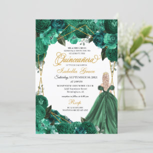 Invitación Elegante Quinceanera floral verde esmeralda