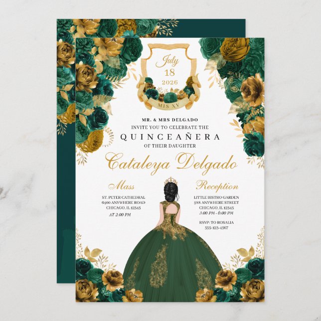 Invitación Elegante Quinceañera floral verde esmeralda y dora (Anverso / Reverso)