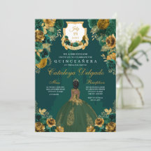 Elegante Quinceañera floral verde esmeralda y dora