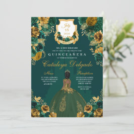 Invitación Elegante Quinceañera floral verde esmeralda y dora