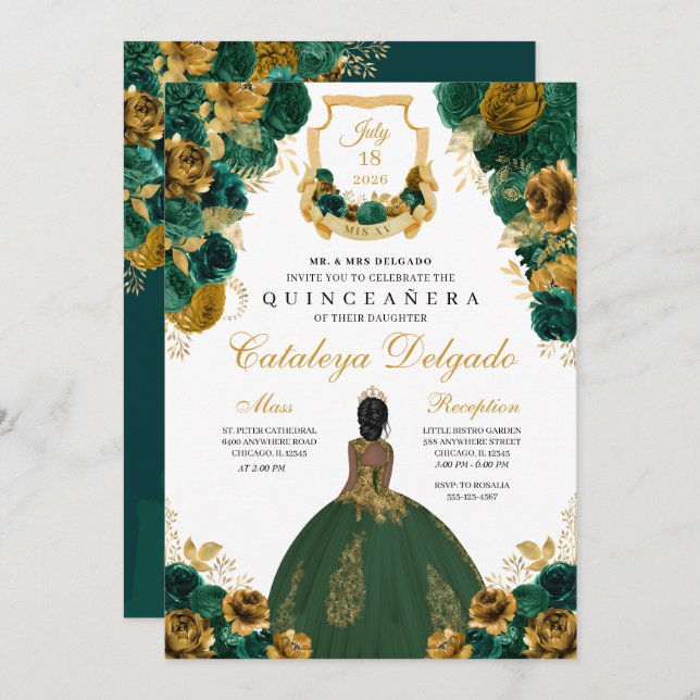 Invitación Elegante Quinceañera floral verde esmeralda y dora (Anverso / Reverso)