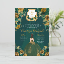Invitación Elegante Quinceañera floral verde esmeralda y dora