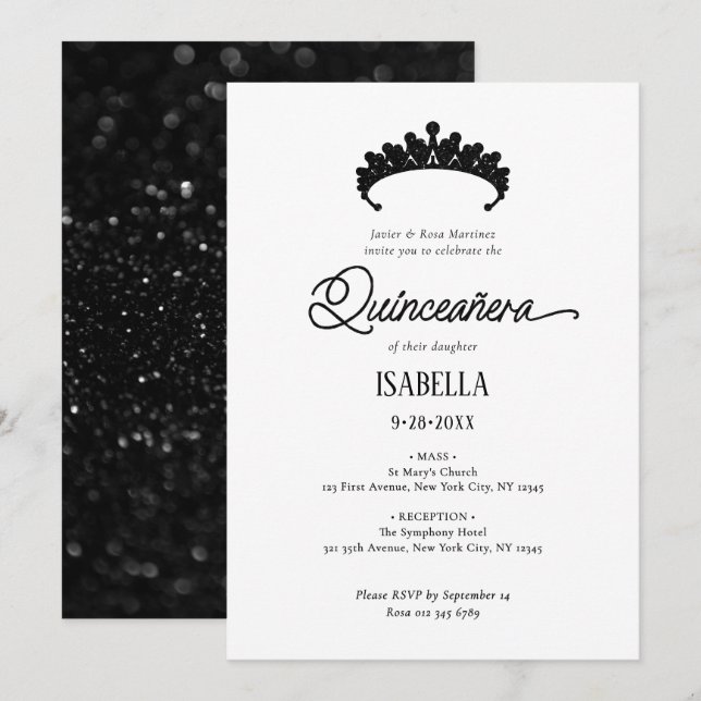 Invitación Elegante Quinceañera Glamorosa Negra y Blanca (Anverso / Reverso)