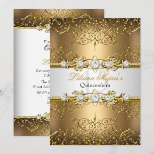 Invitación Elegante Quinceañera Glamurosa Dorada Blanca Vinta