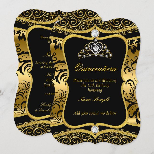 Invitación Elegante Quinceanera Gold Black Damask Tiara Invit (Anverso / Reverso)
