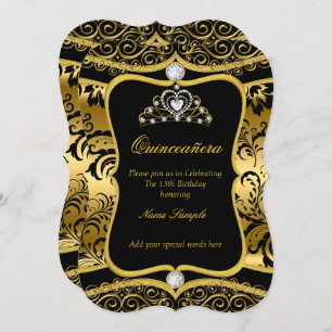 Invitación Elegante Quinceanera Gold Black Damask Tiara Invit