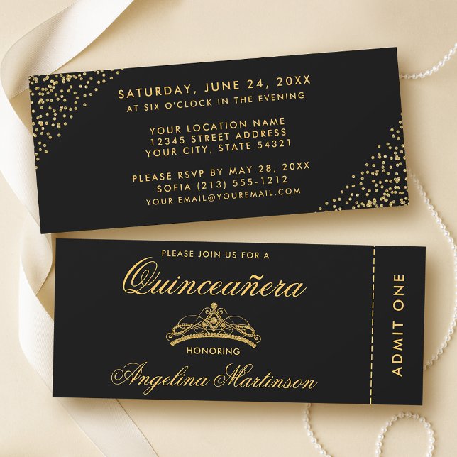 Invitación Elegante Quinceanera Gold y Black Ticket (Customize to change text style or text size.)
