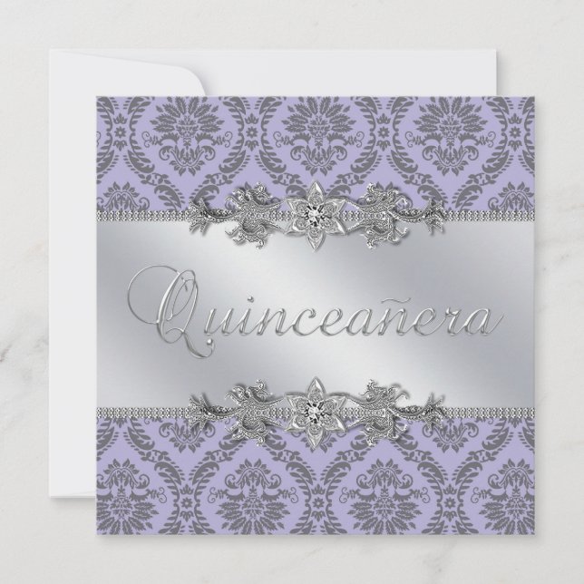 Invitación Elegante Quinceanera gris y morado (Anverso)