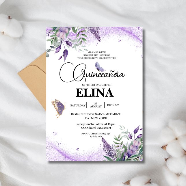 Invitación Elegante Quinceañera Lilac Lavender Butterfly (Subido por el creador)