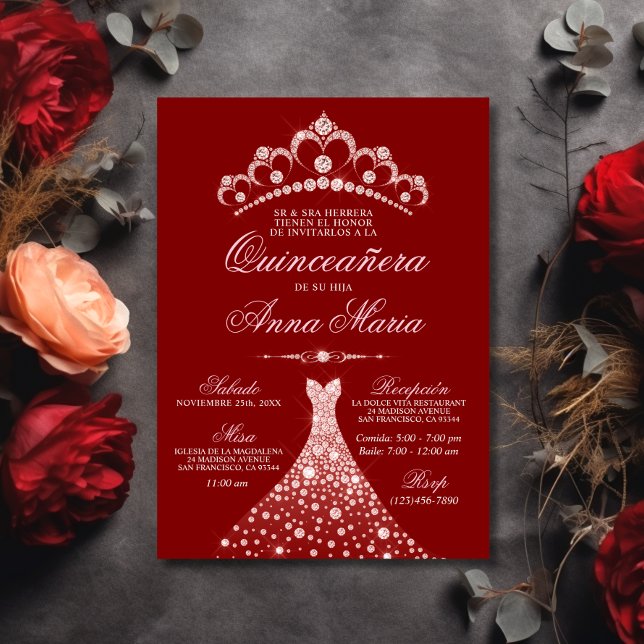 Invitación Elegante Quinceañera Mis Quince | Rojo (Elegant Spanish Quinceañera Mis Quince 15  Red Invitation)